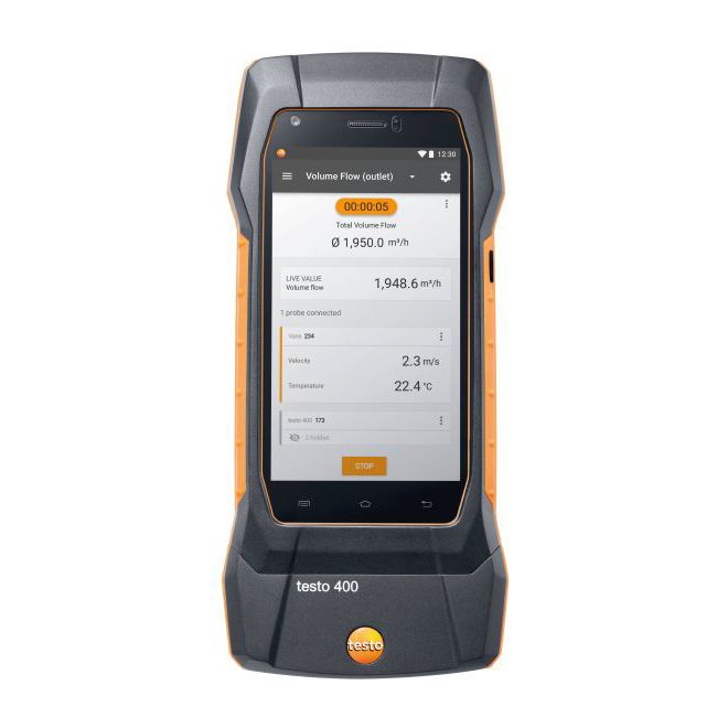 Testo 400 – Con sonda de hilo caliente, molinete de 100 mm, y temperatura/humedad